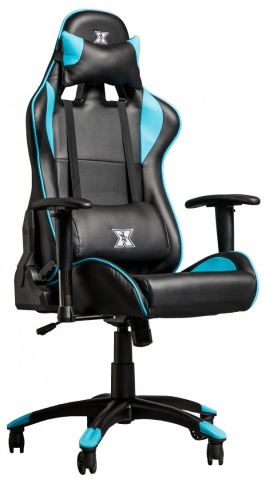 Scaun gaming X by Serioux, Torin, ajustabil, piele sintetica, piston pe gaz, manere reglabile, baza stea cu 5 picioare, greutate maxima admisa 150Kg, perne detasabile, negru si albastru - Img 1