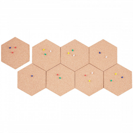 Avizier hexagoane EcoCMK, din plută naturală, cu autoadeziv, push pins, set 8buc