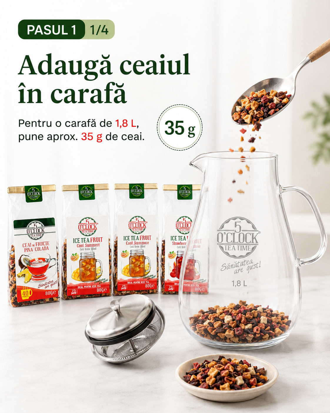 Adăugare ceai &icirc;n carafă pentru prepararea ice tea 5 O&rsquo;Clock Tea.