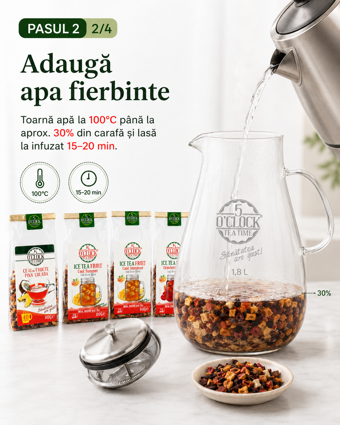 Adăugare apă fierbinte peste ceai pentru infuzare rapidă la carafă.