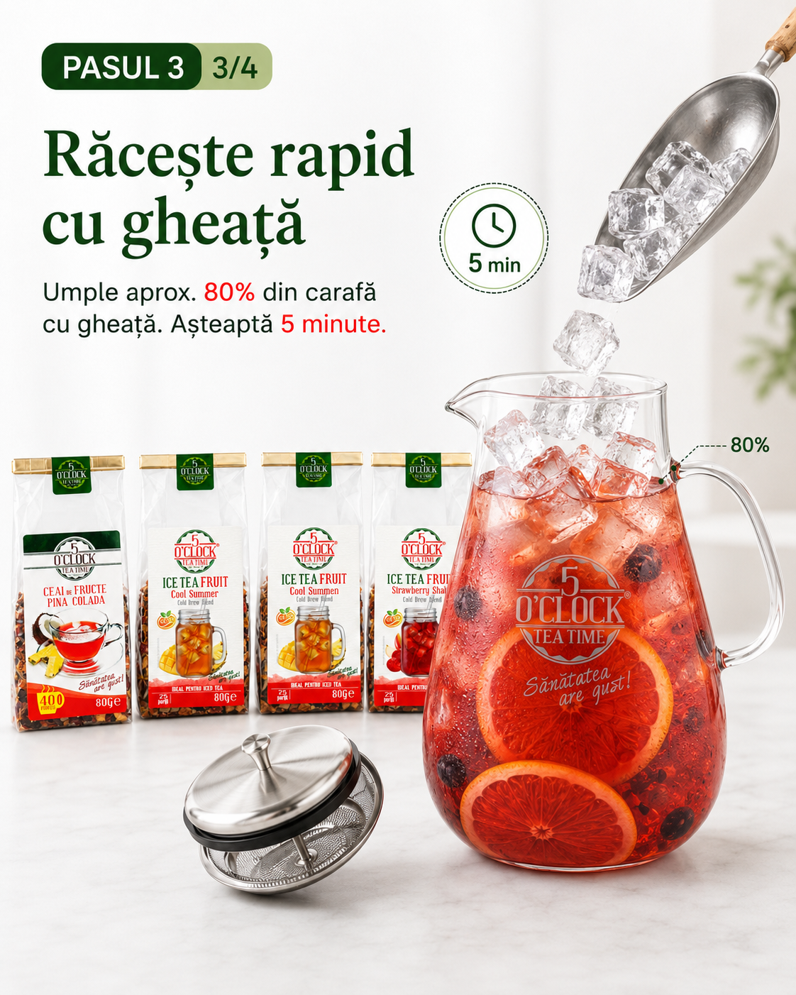 Răcire rapidă cu gheață pentru prepararea ice tea la carafă.