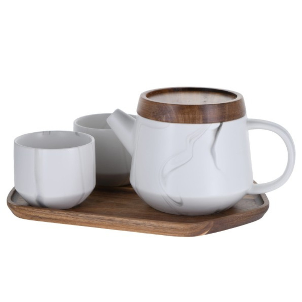Set Ceainic Portelan 4 piese Marbling-White 450ml