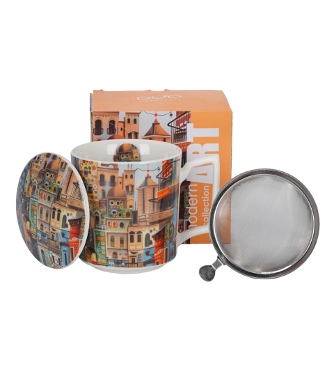 Cana cu capac portelan si infuzor inox, 450ml, Modern Sweet City