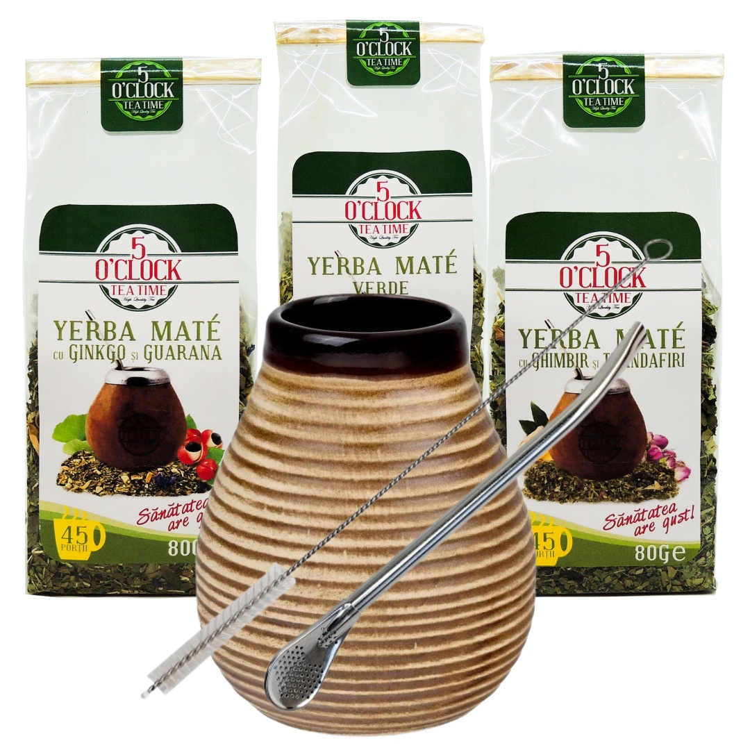 Mate Lover Gift (3 ceaiuri mate + Bol Mate Linea + Metal Bombilla cu perie de curatare)