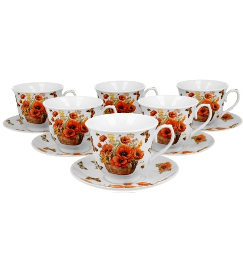 Set 6 cesti portelan cu farfurii, 250ml, Basket of Flowers Poppies