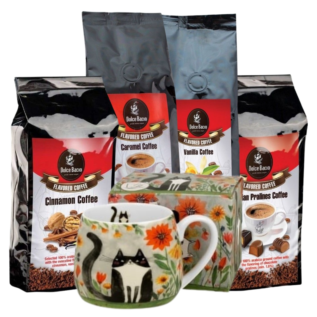 Coffee Lover Gift (4 pachete cafea macinata cu arome + Cana butoias 430 ml Lumea Pisicilor - Pajiste)