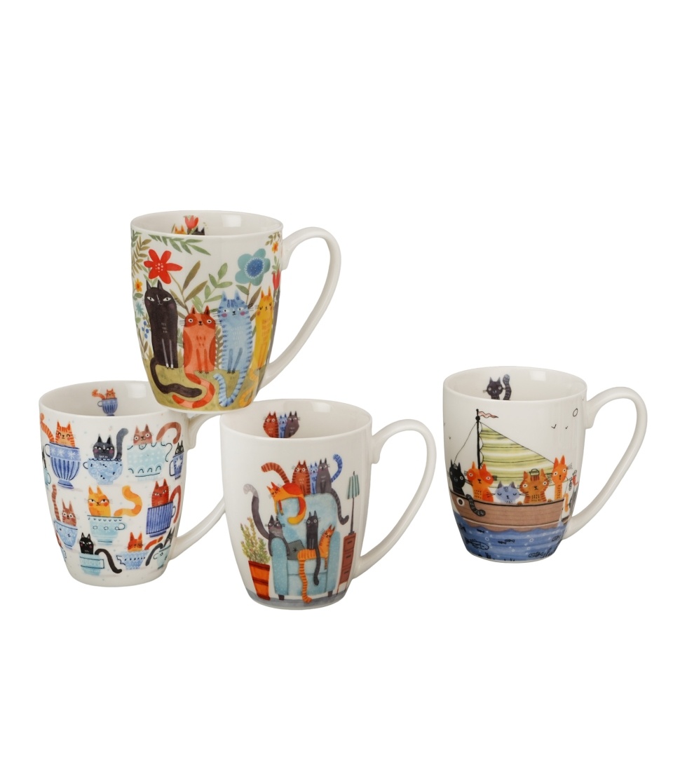 Set 4 cani din portelan 360 ml, model pisici, Cats World - imagine 2