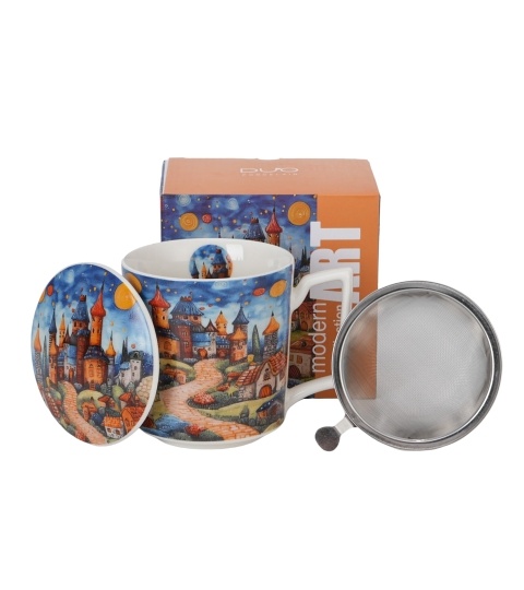 Cana portelan cu capac si infuzor inox, 450ml, Modern Sleepy Kingdom