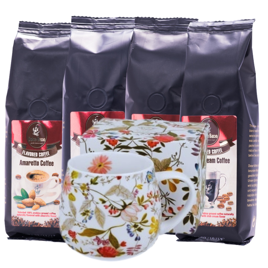 September Coffee Kit (4 pachete cafea macinata cu arome + Cana 430ml Art Flowers by W.Kilburn)