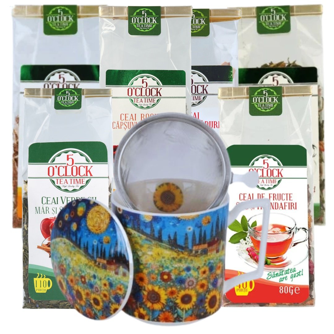Tea Lover Kit (2 ceaiuri verzi + 2 ceaiuri rooibos + 2 ceaiuri de fructe + Cana cu capac portelan si infuzor inox, 450ml, Modern Sunflower Field))