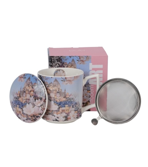 Cana cu capac portelan si infuzor inox, 450ml, Modern City of Magnolias
