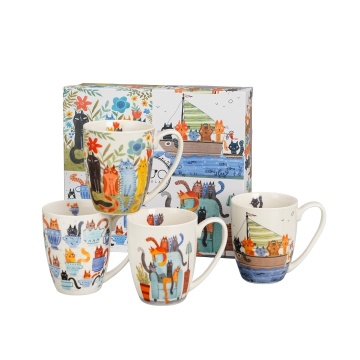 Set 4 cani din portelan 360 ml, model pisici, Cats World