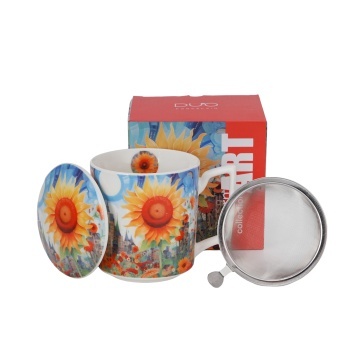 Cana cu capac portelan si infuzor inox, 450ml, Modern Sunflower