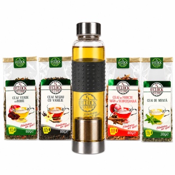 UniversiTEA Office Kit – Sticlă cu infuzor 500 ml și 4 ceaiuri pentru birou