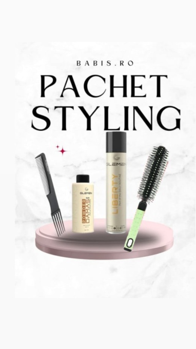 Pudra Glemen + Fixativ Glemen + Perie rotunda + Pieptene Styling | Pachet