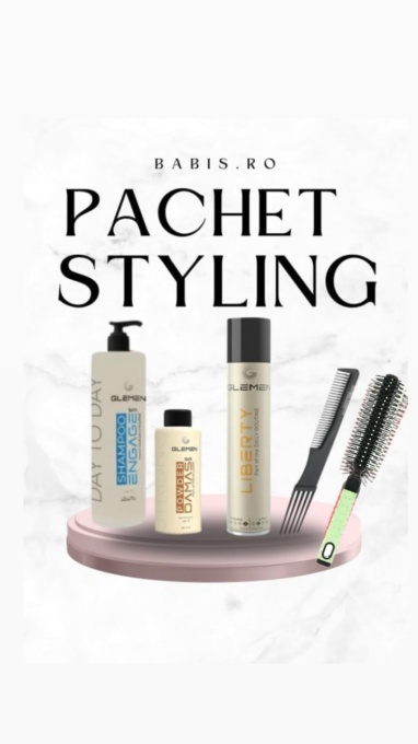 Pudra Glemen + Fixativ Glemen + Perie rotunda + Pieptene Styling + Sampon Glemen | Pachet