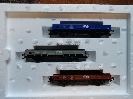 Märklin 44333 Set drie lage bakwagens NS grijs/bruin/blauw