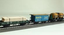 Märklin 44140 Set 3 K.W.St.E.: Wijnwagen, lage bakwagen met hout, gesloten goederenwagen