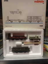 Märklin 4509 Bouwtrein- Lageboordwagen met remmershuis, werkwagen en vrachtwagen