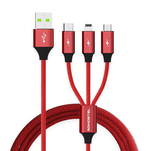 Cablu de incarcare/transfer rapid 3 in 1, Powerline SMS-BW03 de 1m si 2.4A, USB - MicroUSB/Type-C/Lightning(Iphone), rosu
