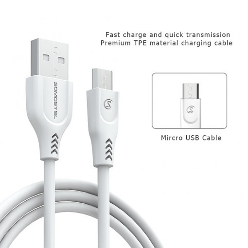 Cablu de incarcare/transfer rapid, Powerline SMS-BT01 de 1,2m si 3,1A, USB - MicroUSB, alb