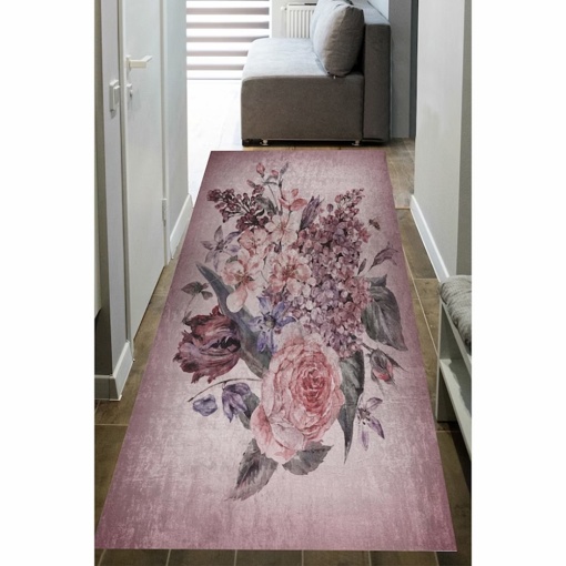 Covor cu print digital 3D, cos cu flori, 80x150cm, poliester 100%, spate antiderapant