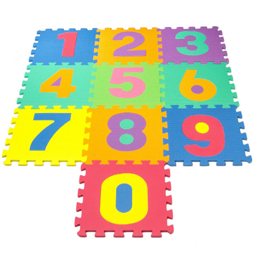 Covoras din spuma tip puzzle cu cifre pentru copii, antiderapant, termoizolant, impermeabil, 10 piese, multicolor