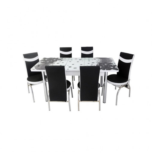 Set masa extensibila Cecille, negru cu alb, MDF acoperit cu sticla, 6 scaune, picioare cromate