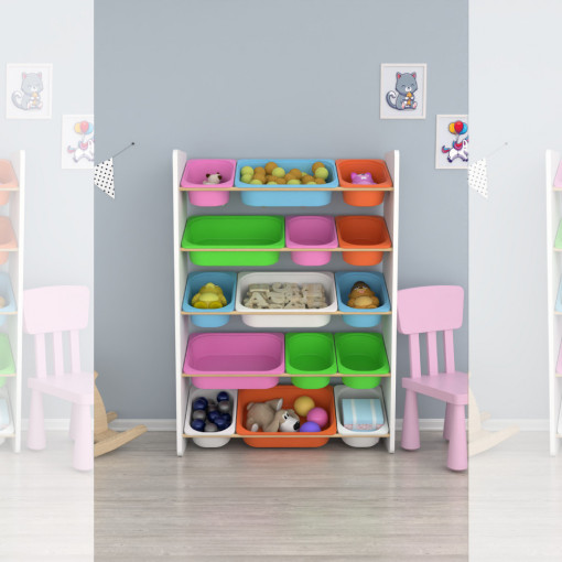 Biblioteca-organizator pentru copii, cu cutii colorate, alb, Renda