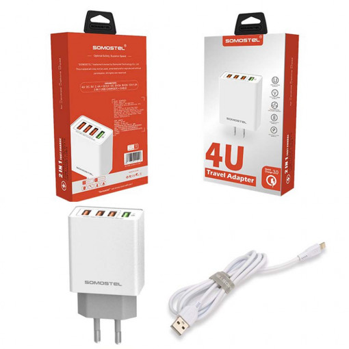 Incarcator retea cu 4 porturi SMS-A08, Quick Charge 3.0 si iesire de 2.4A plus cablu Type-C, alb