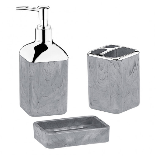 Set 3 accesorii baie din plastic dur, dozator sapun lichid, sapuniera, suport periute, Marble, crom - OKY-498-1