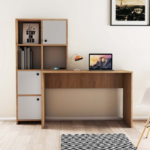 Birou lucru cu rafturi stanga, dimensiuni 120x75x51,5 cm, alb cu stejar