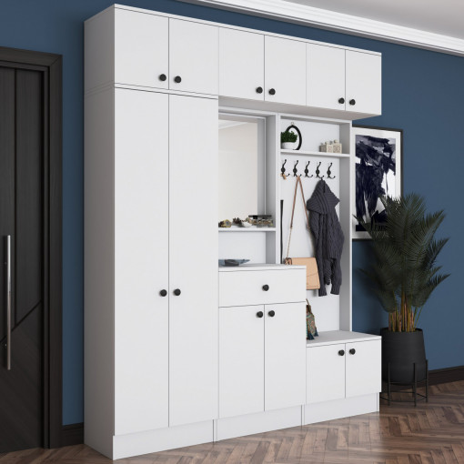 Dulap multifunctional cu spatii de depozitare, pantofar si cuier, alb, Rada