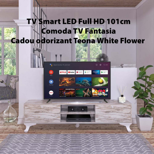 Pachet comoda TV Fantasia alb si televizor Skytech 4056T, 101 cm, Smart, Full HD si odorizant de camera cadou