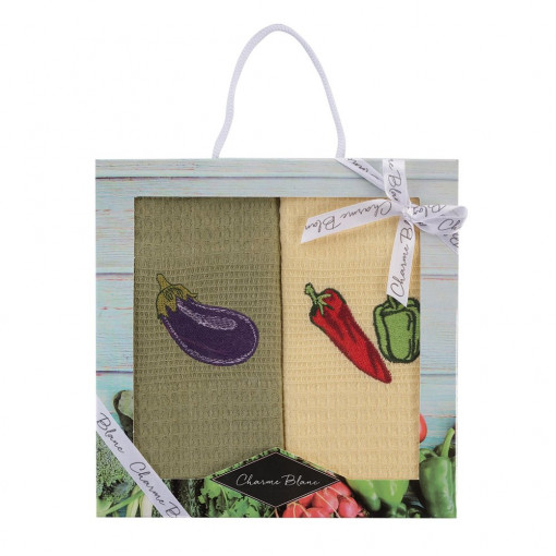 Set 2 x Prosoape de Bucatarie cu imprimeu vanata si ardei, Coton Blanc, din Bumbac 100%, 50 x 70 Cm