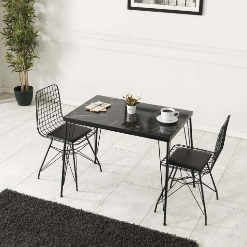 Set de masa cu doua scaune Bendir, cu blat negru marmorat
