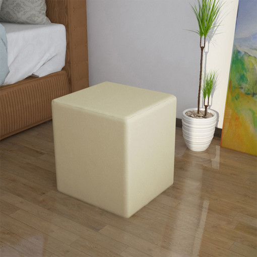 Taburet puf cu structura din lemn, tip cub, crem