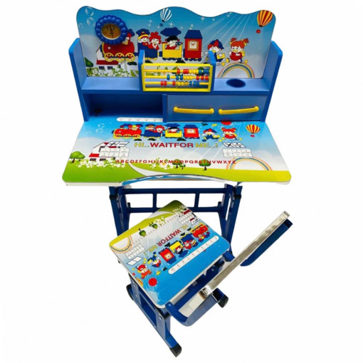 Birou cu scaun si sertar pentru copii, reglabile, Trenulet, albastru