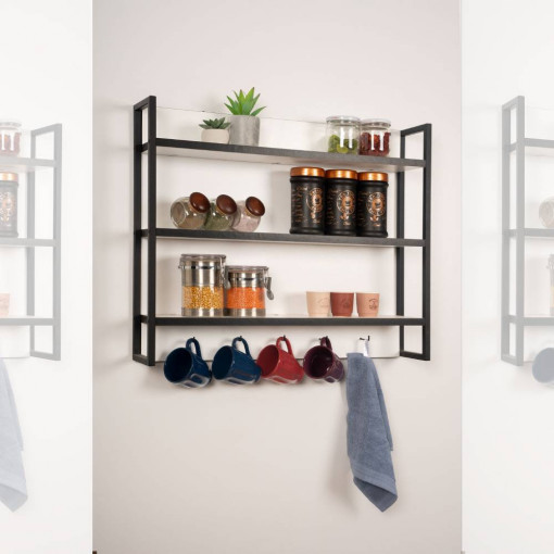 Raft de perete cu 3 polite, stil industrial, alb cu negru, Rigel White.