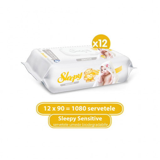 Servetele umede cu capac pentru bebelusi Sleepy Sensitive, Biodegradabile, 12 pachete, 1080 bucati