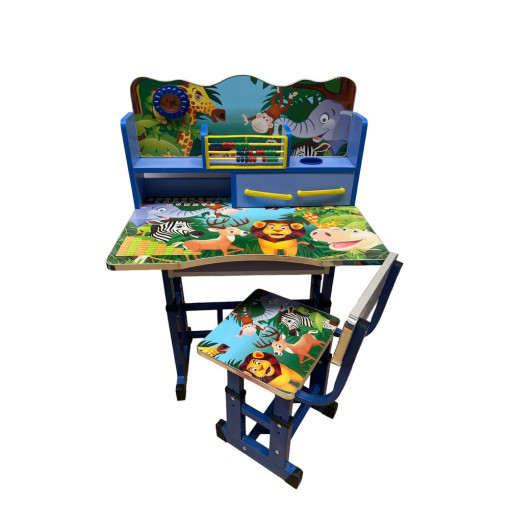 Birou cu scaune si sertar pentru copii, reglabile, animale, albastru
