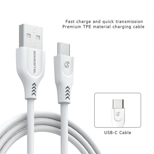 Cablu de incarcare/transfer rapid, Powerline SMS-BT01 de 1,2m si 3,1A, USB - Type-C, alb