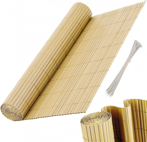 Paravan imitatie Bambus PVC 100x300cm, balcon, gard, terasa, protectie UV, antivant, bride incluse