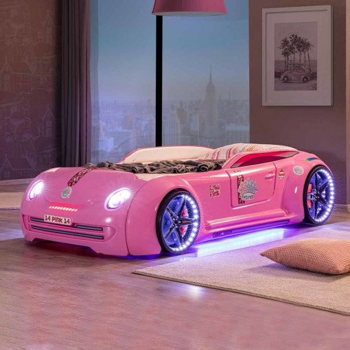 Pat pentru copii Car cu LED, Pink Love, 230 x 120 x 60 cm