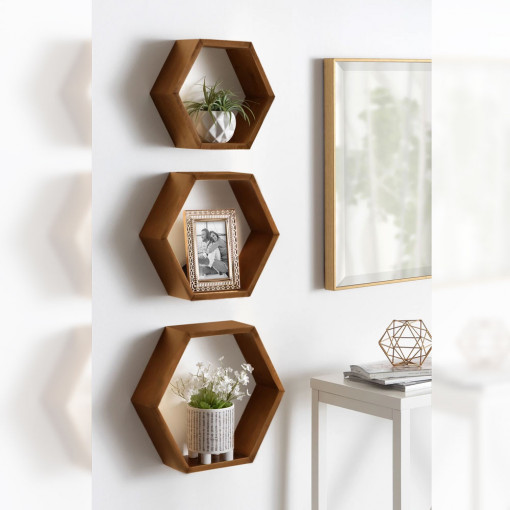 Set 3 rafturi de perete din lemn pin, Hexagon, maro