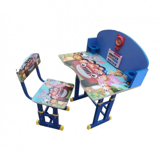 Set birou cu scaunel pentru copii, inaltime reglabila, albastru, model Happy Car