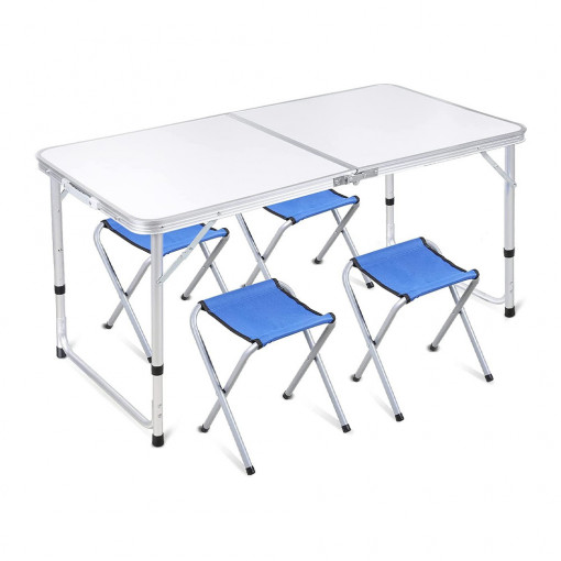 Set camping pliabil cu masa si 4 scaune din aluminiu usor, albastru