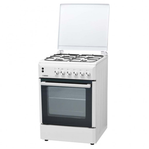 Aragaz Hightec 4 ochiuri cu aprindere electrica, cuptor gaz si grill electric emailat alb