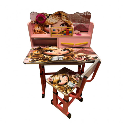 Birou cu scaune si sertar pentru copii, reglabile, printesa, roz