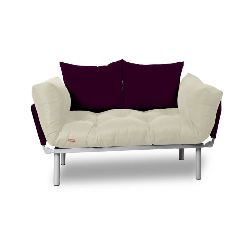 Canapea extensibila 2 locuri cadru inox, crem, perne damson incluse